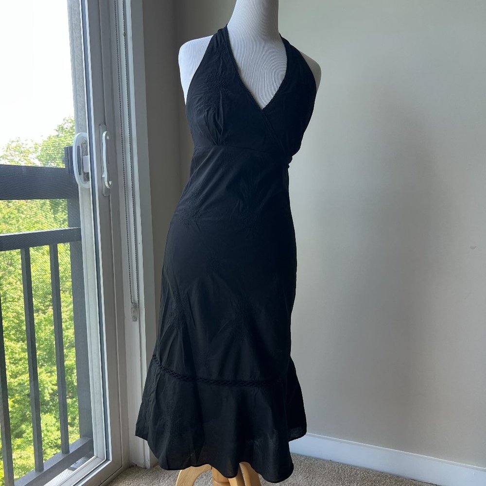 J.Crew Tie Back Embroidered Black Dress Midi - Size 0